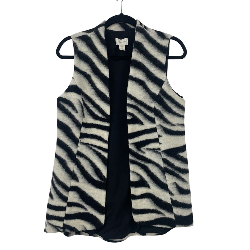Chico's Wool Blend Open Front Black White Zebra Print Long Vest Womens 4
